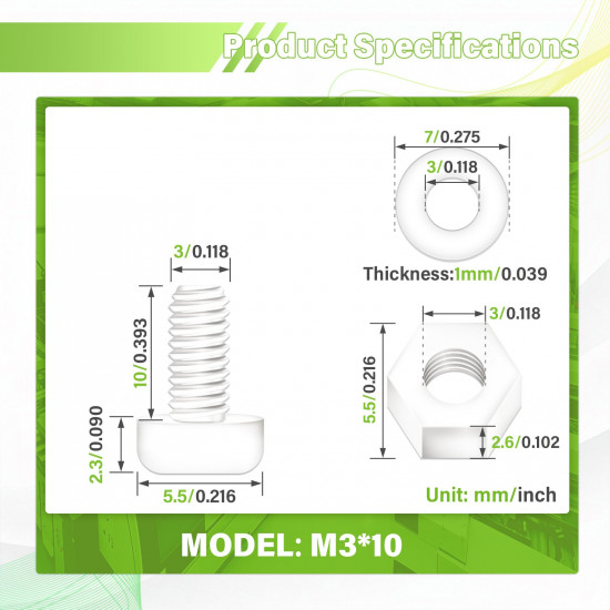 M3*10 mm White Nylon Screws and Nuts Kit with Washers（300 Pieces/100 Sets）