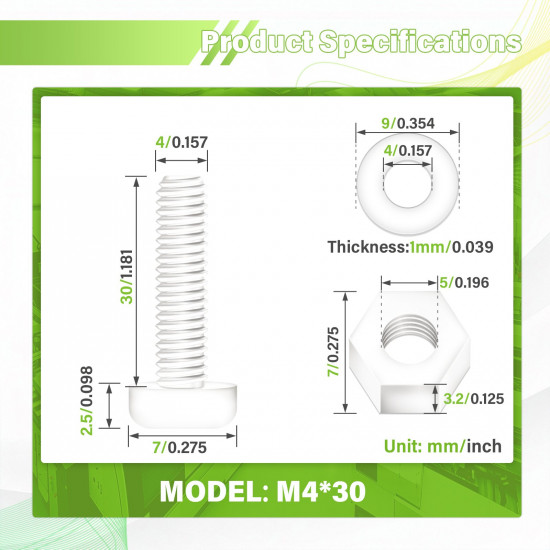 M4*30 mm White Nylon Screws and Nuts Kit with Washers（300 Pieces/100 Sets）