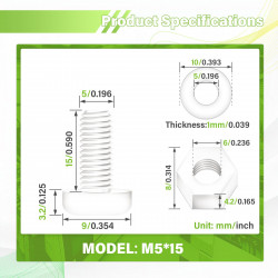 M5*15 mm White Nylon Screws and Nuts Kit with Washers（150 Pieces/50 Sets）