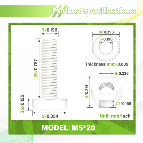 M5*20 mm White Nylon Screws and Nuts Kit with Washers（150 Pieces/50 Sets）